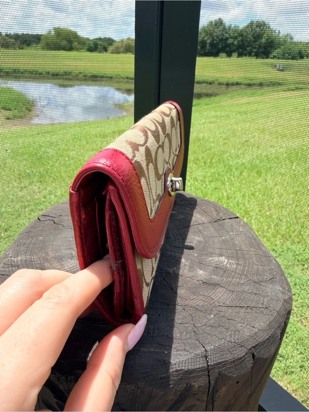 Coach Signature C Turnlock Wallet Khaki Red Leather Y2K Jacquard